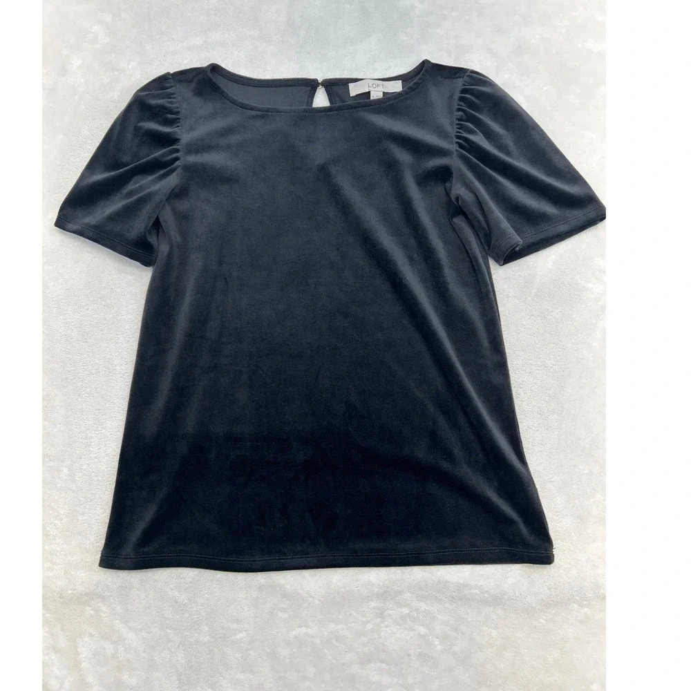 LOFT Velvet Top Women XS Black Short Puff Sleeve Keyhole Back Holiday Goth Chic